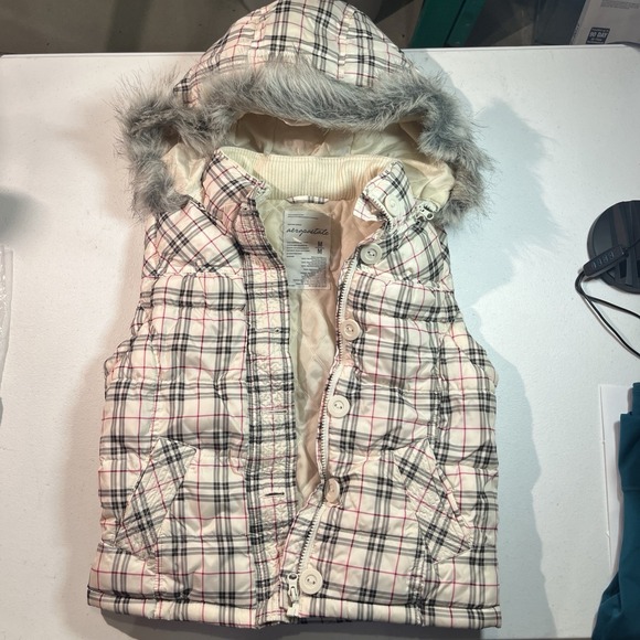 AEROPOSTALE Plaid Puffer VestMedium Faux Fur Trim Hood Zip Button Zip Front - Picture 1 of 9